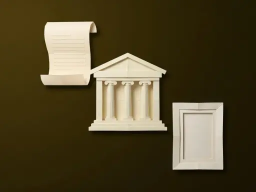 Un rotolo di pergamena, un edificio con colonne e una cornice vuota, simboli di un lavoro in un museo che preserva la storia.