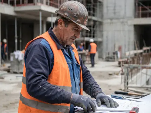 Operaio edile con casco e giubbotto arancione esamina un progetto. Si interroga sul pagamento infortunio INAIL quando arriva.