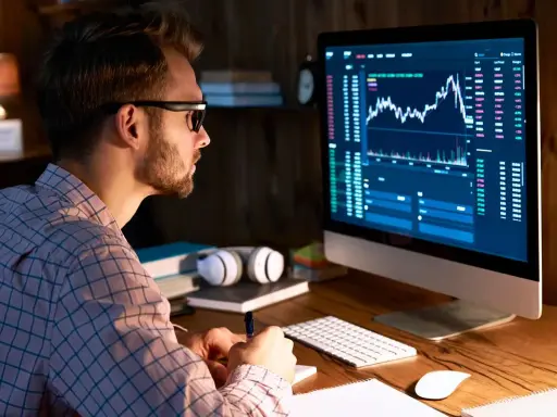 Uomo con occhiali analizza grafici finanziari al computer, comprendendo il broker significato.