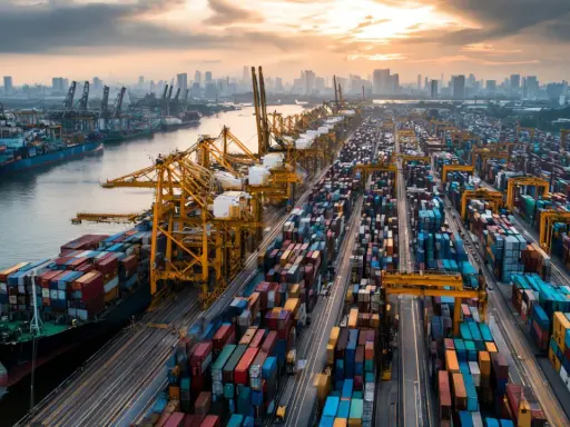 Porto merci con gru e container, ideale per chi cerca corsi supply chain online gratis per ottimizzare la logistica globale.