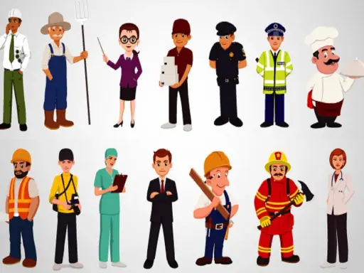 Vari professionisti: ingegnere, contadino, insegnante, fattorino, poliziotto, vigile, cuoco, operaio, fotografo, infermiera, uomo d'affari, carpentiere, pompiere, dottoressa. Lavori ben pagati che nessuno vuole fare?
