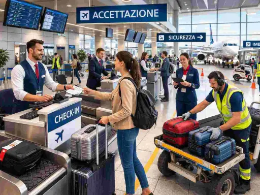 Personale impegnato a lavorare in aeroporto al check-in, con passeggeri e bagagli.