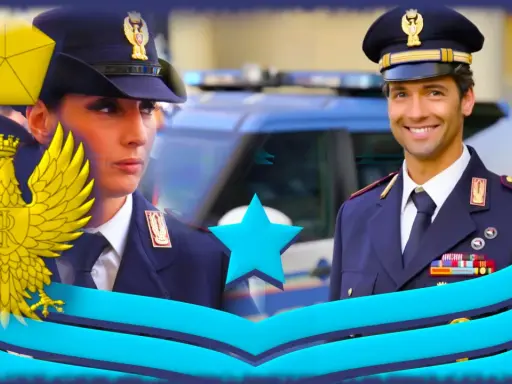 Un ispettore di polizia, uomo e donna, in uniforme, sorridono con orgoglio. Dietro di loro, un'auto di servizio.