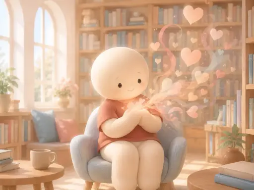 Un personaggio tondo e morbido, seduto in una poltrona, emana cuori luminosi da mani giunte. La scena è ambientata in una biblioteca accogliente.