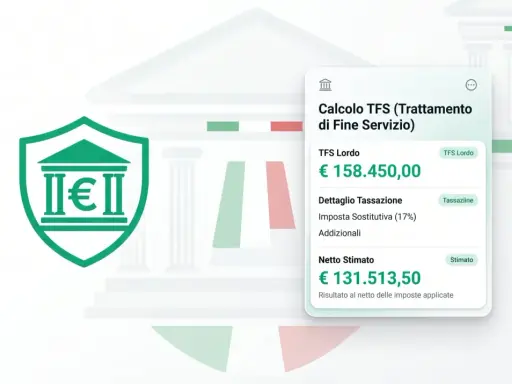 Calcolo del trattamento di fine servizio (TFS). Importo lordo €158.450,00, netto stimato €131.513,50.
