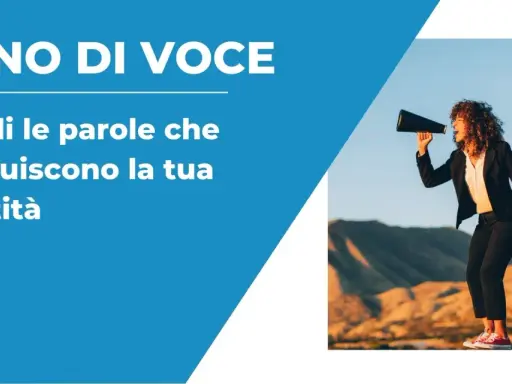 Donna con megafono, con frasi con tono che costruiscono l'identità.