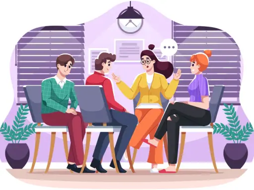Persone sedute in cerchio, in un ambiente che evoca il lavorare nel sociale, discutono animatamente.