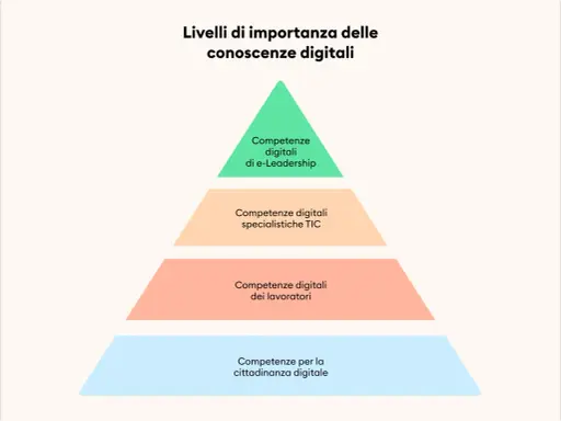 Piramide delle competenze digitali: cittadinanza, lavoratori, specialistiche TIC, e-Leadership. Fondamentali per le professioni digitali più richieste.