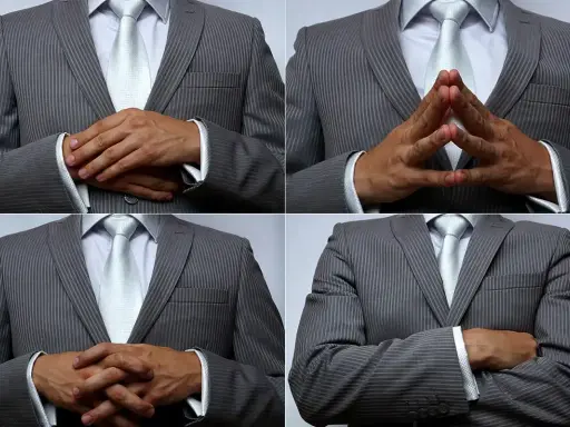 Uomo in abito grigio a righe, con cravatta chiara, che mostra diverse posizioni delle mani: incrociate, a diamante, e braccia conserte. Un modo per presentare con le mani.