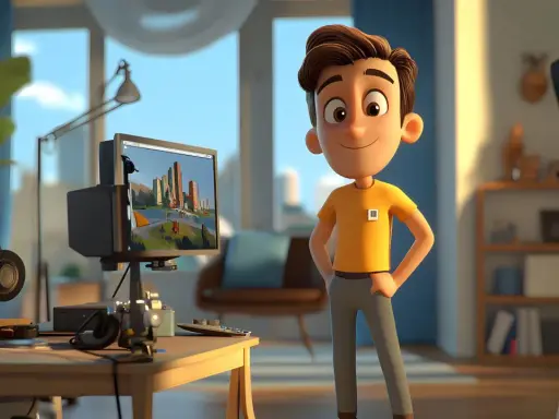 Ragazzo sorridente davanti al PC, con un progetto di grafica 3d. Ideale per chi cerca corsi grafica 3d.