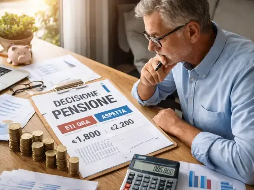 Uomo maturo valuta se conviene lavorare dopo la pensione, confrontando cifre su un foglio.