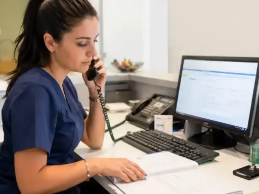 Impiegata studio medico al telefono, consulta un registro e il computer per gestire appuntamenti e richieste.