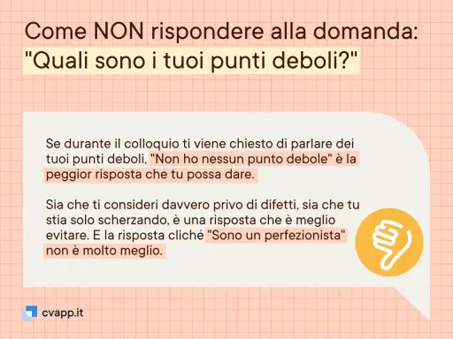 Evita risposte come "non ho punti deboli" o "sono un perfezionista" ai colloqui. Meglio essere onesti sui propri punti deboli.