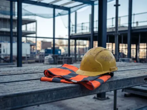 Elmetto giallo e giubbotto ad alta visibilità su impalcature. Simbolo di sicurezza sul lavoro, in attesa della chiusura infortunio INAIL e del relativo pagamento.