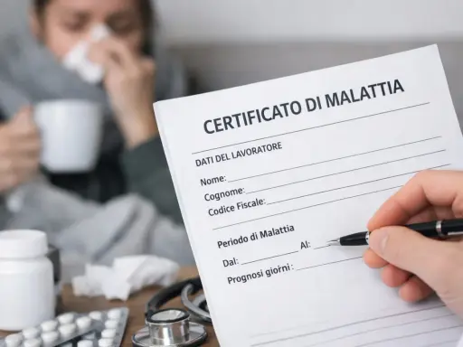 Medico compila certificato di malattia per un lavoratore. Sul tavolo, farmaci e stetoscopio, mentre sullo sfondo una persona malata beve una tisana.