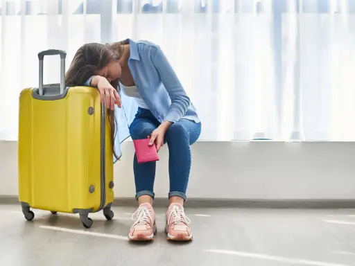 Donna esausta con valigia gialla e passaporto, vorrebbe essere in ferie ma è in malattia.