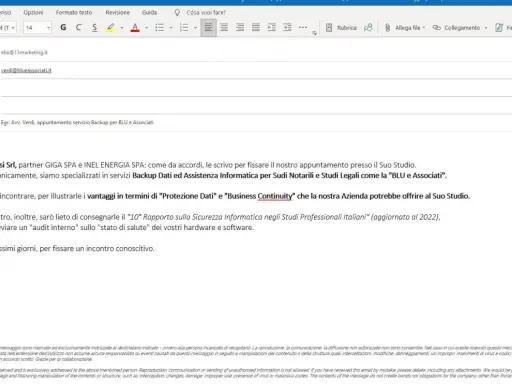 Email di Mario Rossi a Avv. Verdi per fissare un appuntamento. Le frasi di presentazione evidenziano i servizi di Backup Dati e Sicurezza Informatica offerti da Rossi Srl.