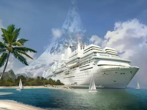 Un'isola tropicale con palme e montagne sullo sfondo, dove una nave da crociera gigante offre l'opportunità di lavorare sulle navi da crociera.