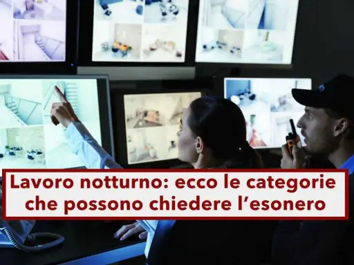 Guardie di sicurezza monitorano telecamere, una indica lo schermo. Il testo parla di lavoro notturno e esoneri.