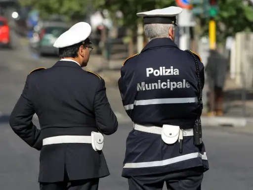 Due vigili urbani in divisa, uno con la scritta "Polizia Municipale" sulla schiena, in attesa di un equo stipendio.