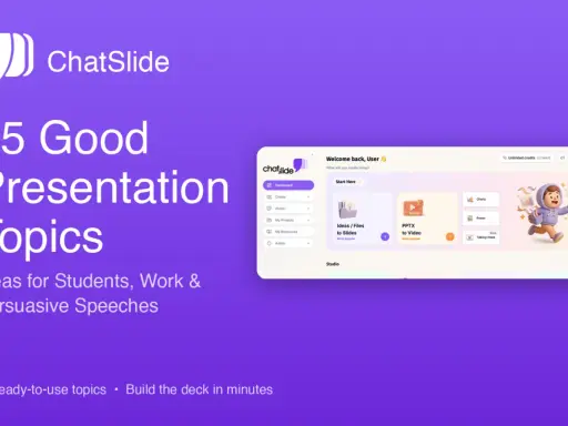 Trova 75 argomenti per discorsi da fare, idee per studenti e presentazioni persuasive. ChatSlide ti aiuta a creare presentazioni in pochi minuti.