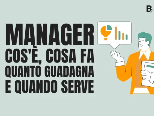 Un uomo con giacca arancione, un site manager, illustra grafici e statistiche. Testo: "Manager: cos'è, cosa fa, quanto guadagna e quando serve".