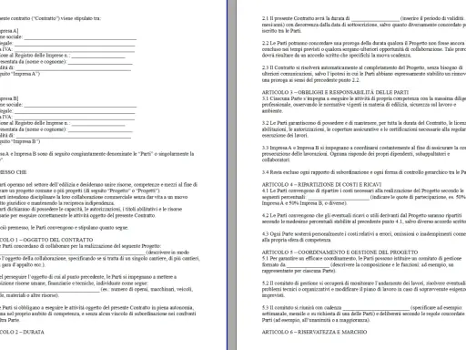 Contratto tra imprese con partita IVA per un progetto comune. Le parti definiscono oggetto, durata, costi e gestione.
