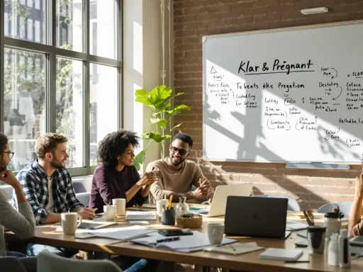 Un gruppo di persone discute idee davanti a una lavagna. La lavagna è piena di appunti e disegni, mostrando come può essere la voce di un'idea.