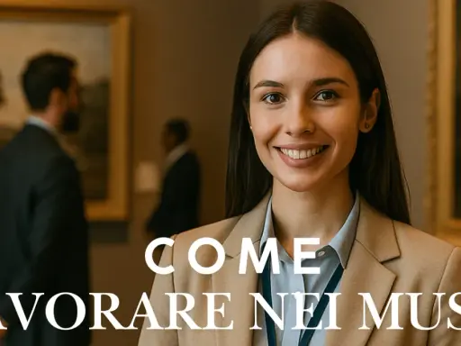 Giovane donna sorridente in un museo, con opere d'arte alle spalle. Il testo "Come lavorare nei musei" suggerisce un percorso professionale.