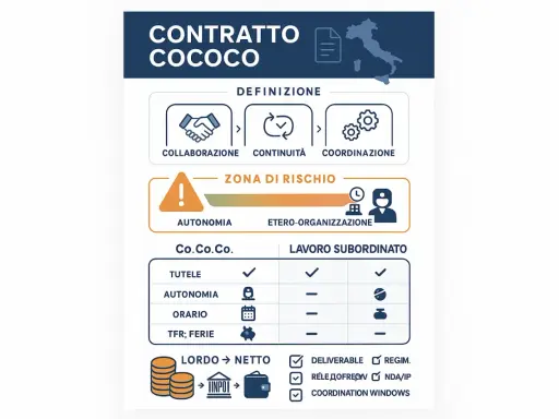 Schema che illustra il contratto di collaborazione coordinata e continuativa (Co.Co.Co.), evidenziando collaborazione, continuità, coordinazione, autonomia e rischio.