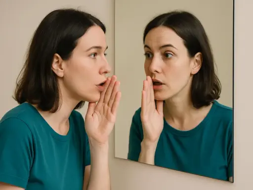 Donna si sussurra qualcosa allo specchio, un dialogo interiore che esplora la psicologia del parlare velocemente.