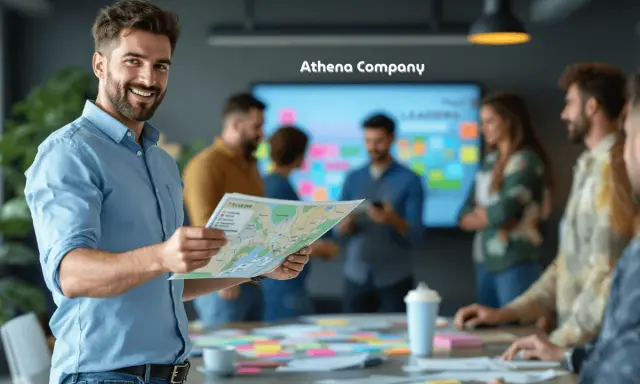 Uomo sorridente con mappa in mano, parte di un team che collabora in ufficio. Il lavoro di squadra è evidente nella dinamica di gruppo.
