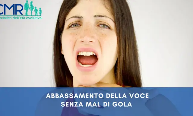 Ragazza con bocca spalancata, che sembra parlare a voce alta. Sotto, la scritta "ABBASSAMENTO DELLA VOCE SENZA MAL DI GOLA".