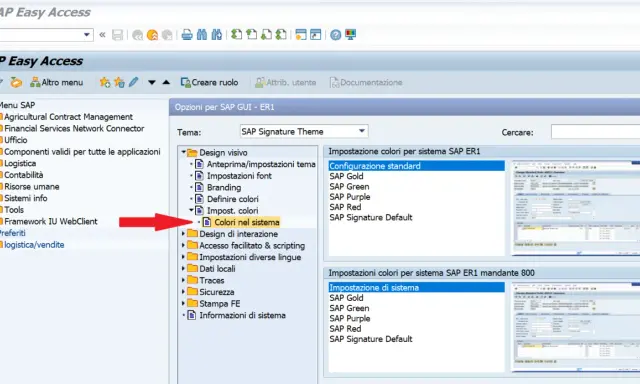 Interfaccia SAP Easy Access, con freccia rossa che indica "Colori nel sistema". Utile per un corso SAP gratuito.