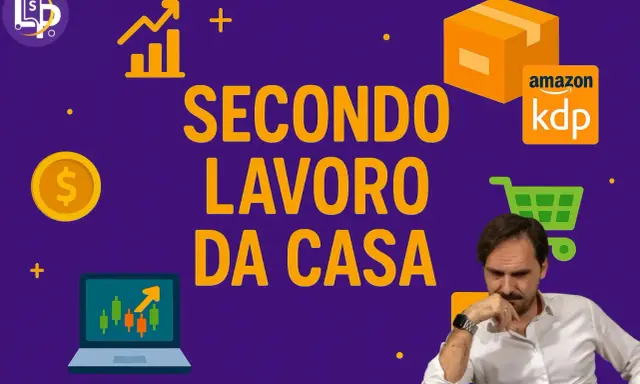 Uomo pensieroso con grafici, soldi e pacco Amazon KDP. Un'immagine che ispira il tuo **secondo lavoro da casa**.