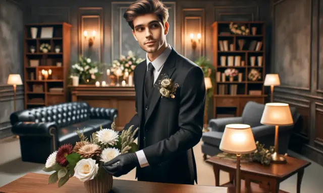 Giovane uomo in abito scuro sistema fiori, forse riflettendo su quanto guadagna un becchino in questo elegante ambiente.