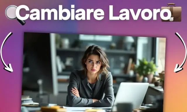 Donna pensierosa davanti a un laptop, con la scritta "Cambiare Lavoro" in alto. È ora di valutare perchè cambiare lavoro.
