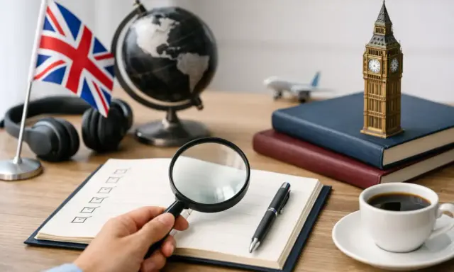 Tutto pronto per un corso di inglese gratuito: bandiera UK, Big Ben, globo, cuffie e un quaderno da studiare.