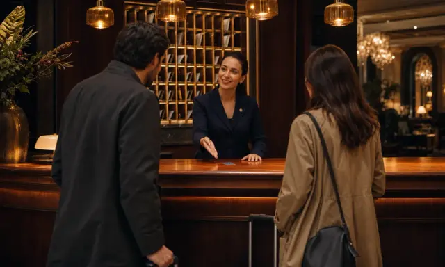 Receptionist sorridente offre un servizio impeccabile, dimostrando l'importanza dell'inglese per receptionist in un hotel di lusso.