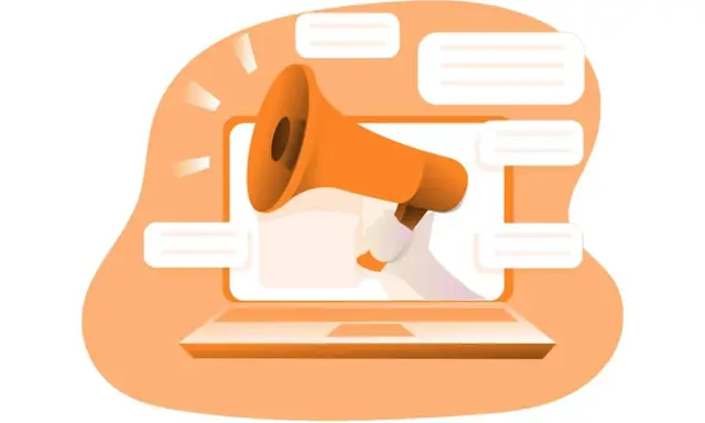 Un megafono arancione esce da un laptop, circondato da fumetti. Ideale per corsi di web marketing e comunicazione digitale.