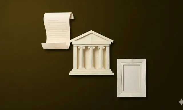 Un rotolo di pergamena, un edificio con colonne e una cornice vuota, simboli di un lavoro in un museo che preserva la storia.