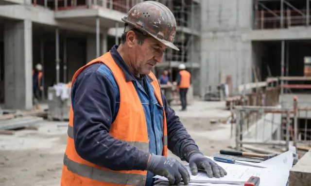 Operaio edile con casco e giubbotto arancione esamina un progetto. Si interroga sul pagamento infortunio INAIL quando arriva.