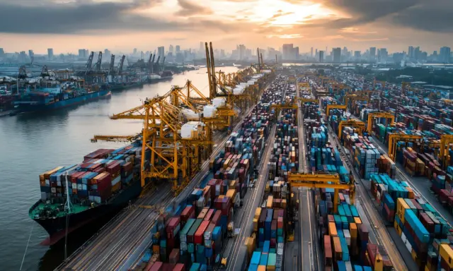 Porto merci con gru e container, ideale per chi cerca corsi supply chain online gratis per ottimizzare la logistica globale.