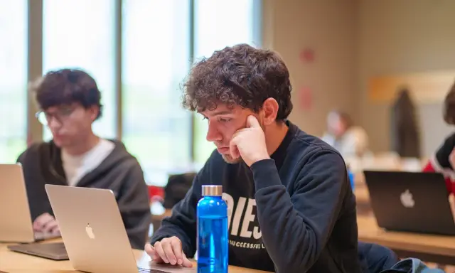 Giovane uomo con capelli ricci concentrato sul suo laptop, pensando al suo futuro business analyst stipendio.