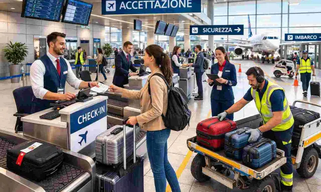 Personale impegnato a lavorare in aeroporto al check-in, con passeggeri e bagagli.