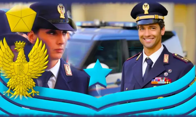 Un ispettore di polizia, uomo e donna, in uniforme, sorridono con orgoglio. Dietro di loro, un'auto di servizio.