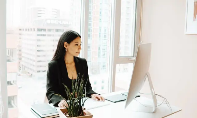 Donna al computer, concentrata sul suo lavoro. Si occupa del back office, gestendo dati e organizzando informazioni per l'azienda.