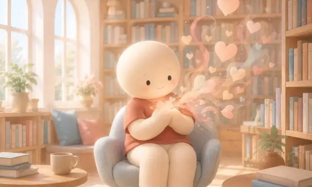 Un personaggio tondo e morbido, seduto in una poltrona, emana cuori luminosi da mani giunte. La scena è ambientata in una biblioteca accogliente.