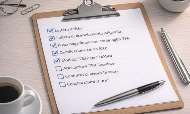 Lista di documenti per una lettera di dimissioni senza preavviso per motivi personali. Alcune voci sono già spuntate.