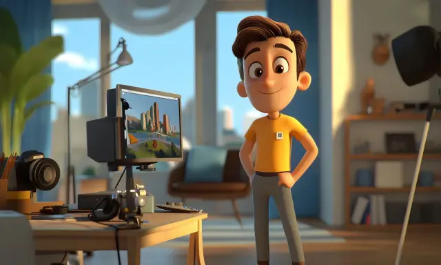 Ragazzo sorridente davanti al PC, con un progetto di grafica 3d. Ideale per chi cerca corsi grafica 3d.